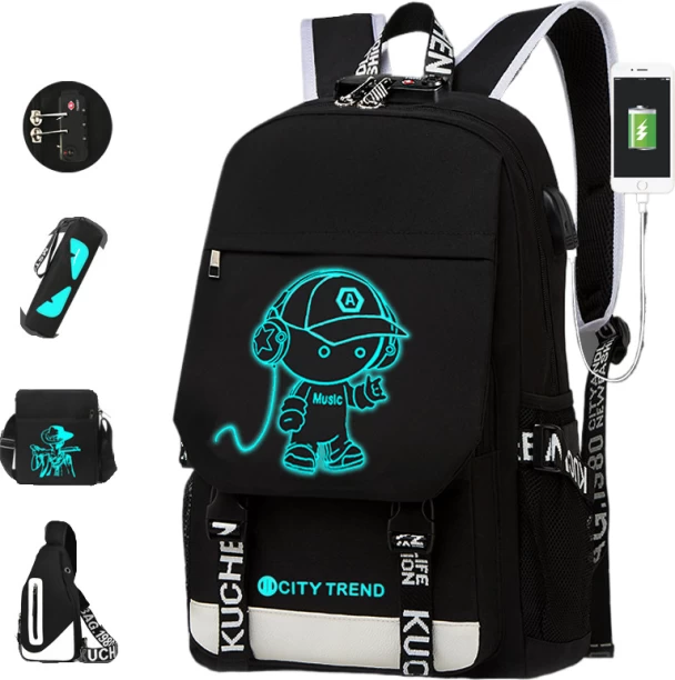 OLOEY Six-piece USB Luminous Student Backpack Backpack