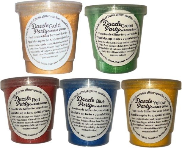 Dazzle Party Edible Glitter for drinks 12g x 5, Cocktail/Mocktail glitter. Pack of 5 - 1x Gold Drink glitter, 1x Green Drink Glitter, 1x Red Drink Glitter, 1x Blue Drink Glitter, 1x Yellow Drink Glitter Glitters
