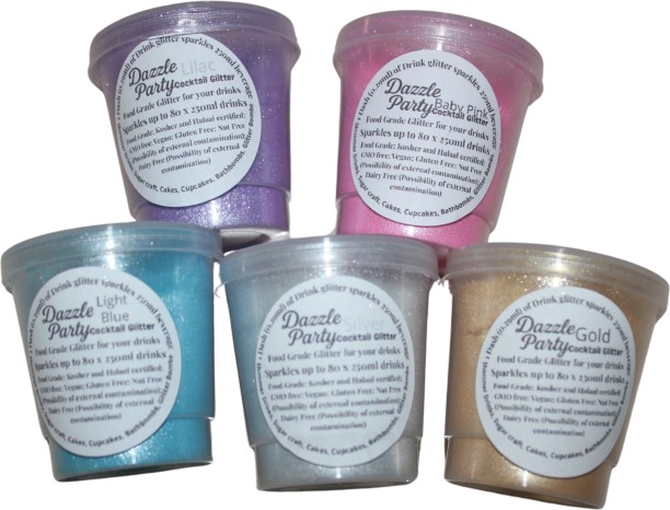 Dazzle Party Edible Glitter for drinks 12g x 5, Cocktail/Mocktail glitter. Pack of 5 - 1x Gold Drink glitter, 1x Silver Drink Glitter, 1x Light Pink Drink Glitter, 1x Light Blue Drink Glitter, 1x Lilac Drink Glitter Glitters