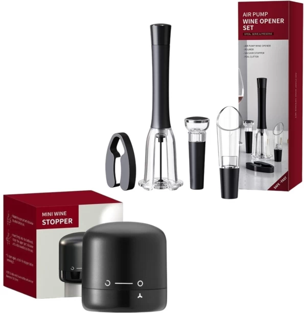 Wobuciko Wine Opener Set with Air Pump, Vacuum Stopper, Foil Cutter and Mini Wine Stopper, Black 6 - Piece Bar Set