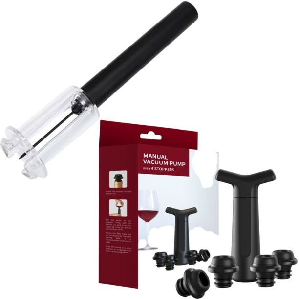 Wobuciko Manual Wine Vacuum Pump with 4 Bottle Stoppers & Air Pump Wine Opener Set, Black 2 - Piece Bar Set