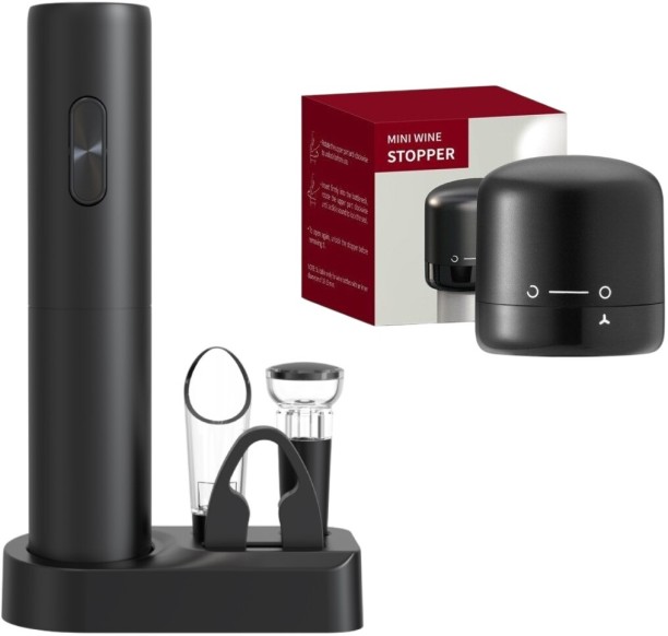 Wobuciko Electric Wine Opener Set with Mini Wine Stopper, Automatic Corkscrew and Foil Cutter, Black 2 - Piece Bar Set