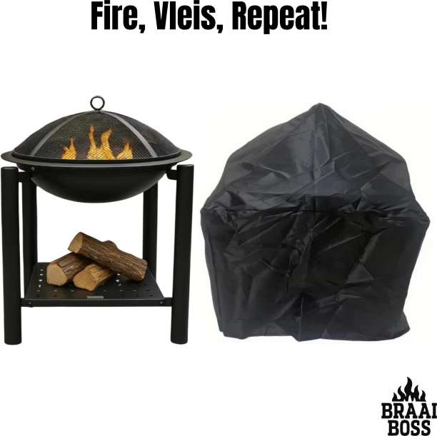 BraaiBoss - 57cm Fire Braai Grill & Fire Pit with Wood Rack, Mesh Shield, Fire Poker & Protective Cover / Charcoal Braai