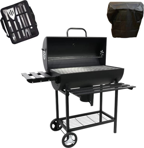 BraaiBoss 70cm Premium Charcoal Barrel Braai with Side Tables, Ash Catcher, Thermometer, Protective Cover & Braai Tool Set / Charcoal Braai