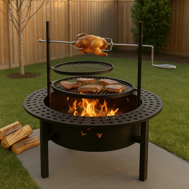 Outdoor Buddy - BraaiBoss Mega Fire Pit & Rotisserie Braai – Built Big. For Chops, Chicken & Chatter / Charcoal Braai