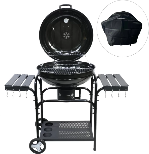 BraaiBoss 57cm Premium Charcoal Kettle Braai with Side Tables, Hinged Lid, Warming Rack, Thermometer & Protective Cover / Charcoal Braai
