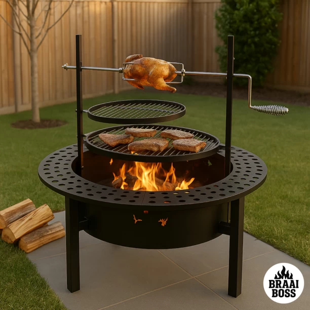 BraaiBoss 60cm Mega Fire Pit & Braai Grill with Rotisserie Spit, Cover & Braai Tool Set / Charcoal Braai