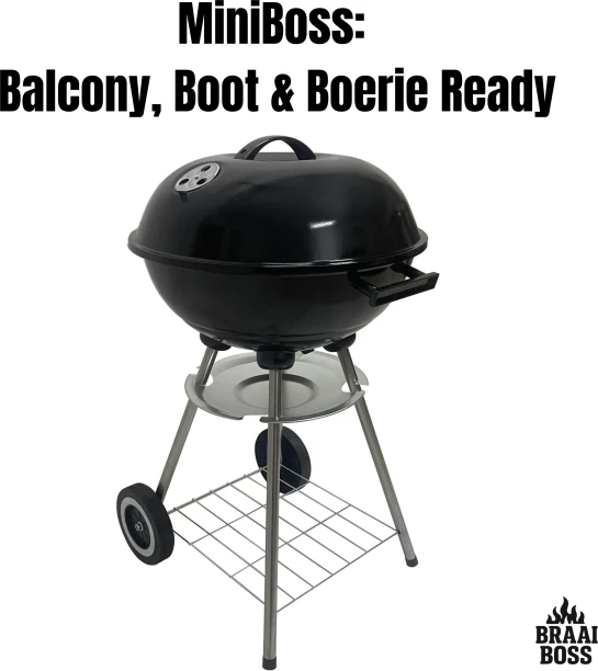 BraaiBoss – MiniBoss 44cm Compact Charcoal Kettle Braai with Ash Collector, Wheels & Bottom Shelf Charcoal Braai