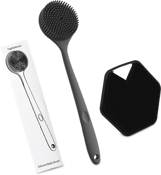 Topika Back Scrubber for Shower, Black Silicone Body Scrubber with Handle Bath Brush For  Men & Women