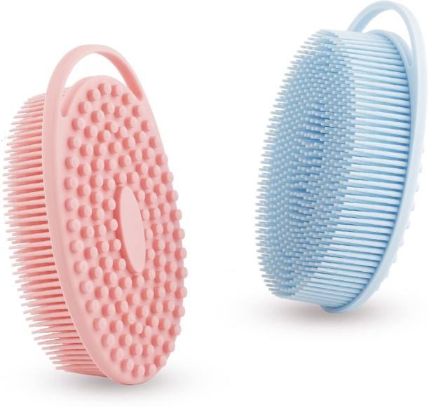 OMGift Soft Silicone Body Scrubber 2 PCS Silicone Body Shower, Silicone Loofah 2 in 1 Bath and Shampoo Brush, Body Scrubber Shower Cleaning Exfoliating Use for Sensitive Skin, Lather Well(Pink and Blue) Bath Brush For  Men & Women