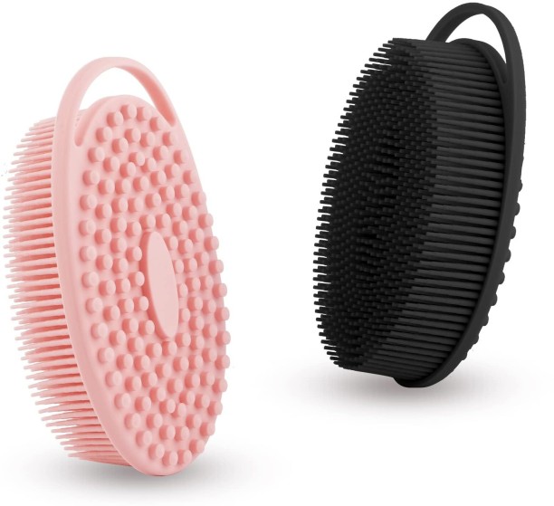 OMGift Soft Silicone Body Scrubber 2 PCS Silicone Body Shower, Silicone Loofah 2 in 1 Bath and Shampoo Brush, Body Scrubber Shower Cleaning Exfoliating Use for Sensitive Skin, Lather Well(Black and Pink) Bath Brush For  Men & Women