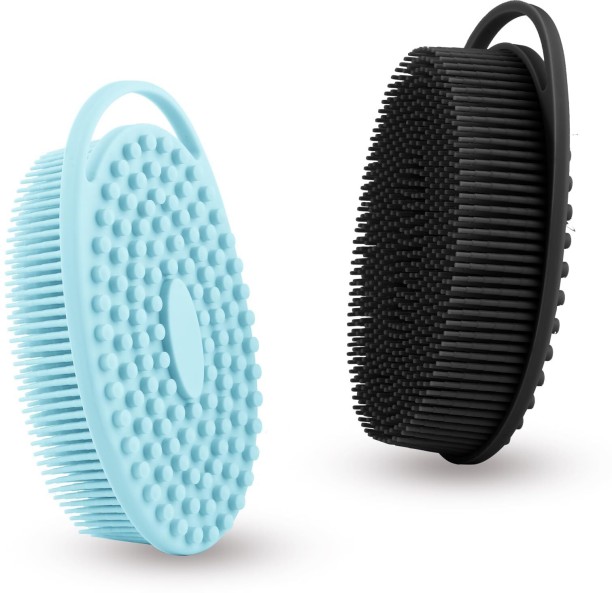 OMGift Silicone Body Scrubber, Exfoliating Silicone Body Shower, Silicone Loofah 2 in 1 Bath and Shampoo Brush, Body Scrubber Shower Cleaning Exfoliating for Sensitive Skin, Lather Well 2 PCS Black and Blue Bath Brush For  Men & Women