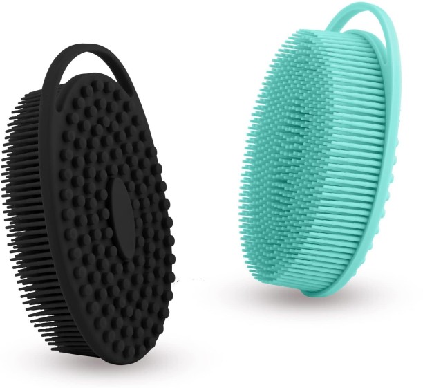 OMGift Soft Silicone Body Scrubber 2 PCS Silicone Body Shower, Silicone Loofah 2 in 1 Bath and Shampoo Brush, Body Scrubber Shower Cleaning Exfoliating Use for Sensitive Skin, Lather Well(Black and Green) Bath Brush For  Men & Women