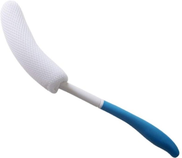 OMGift Long Anti-Slip Curve Handled Bath Body Brush, Easy Reach for Seniors, Suitable for Elderly/Pregnant Aid Bathing & Shower, Blue, 15.35" Bath Brush For  Men & Women