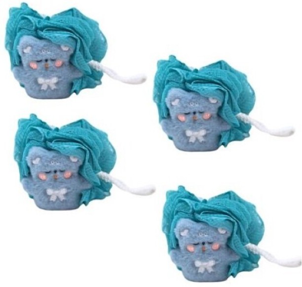 Wobuciko Blue Teddy Mesh Loofah - Set of 4 Bath Sponge For  Men & Women
