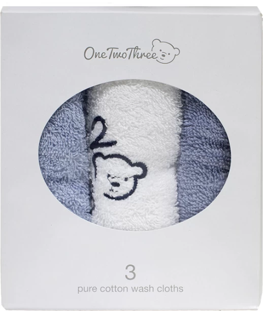 Bunty (30 cm x 30 cm) Baby Face Cloth - Design 05 - 030x030cms - 380GSM - 03 Pc Pack - 123 - Blue White Blue Cotton Face Towel