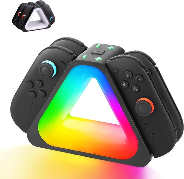RAR Charging Base, 4-Port Charging Station with 7 RGB Lighting Modes, Switch2 Joy-Con Nintendo Switch2 Joy-Con Fast Charging with Charging Cable Quick Charge 3 A Multiport Toys Charger with Detachable Cable