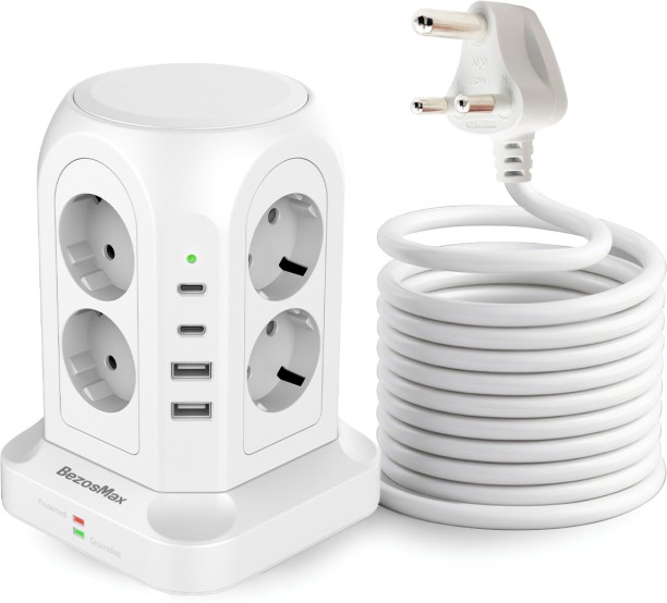 BezosMax 12 in 1 Surge Protector Power Strip with 8 AC Outlets, USB A + Type C Desk Tower Charging Station, Multiple Safety Protection Outlet Extender Adaptive Charging 5 A Multiport Mobile Charger with Detachable Cable