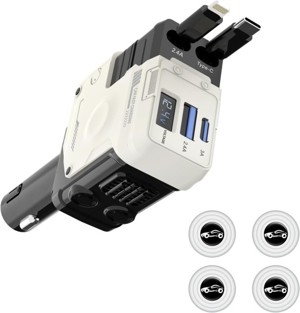 Bloo Retractable Car Charger with 4 Shock Absorbers,4 in 1 USB-C Car Charge 69W, Lighter Adapter with Retractable Cables (31.5 in) and 2 USB Ports,Road Trip Essentials for Adaptive Charging 1.2 A Multiport Mobile Charger