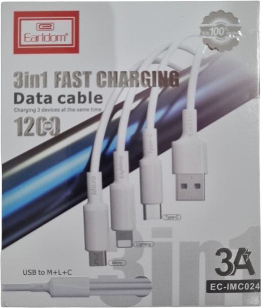 Earldom Cable - 3 in 1 3a 1.2mEC-IMC024 Mobile Charger with Detachable Cable