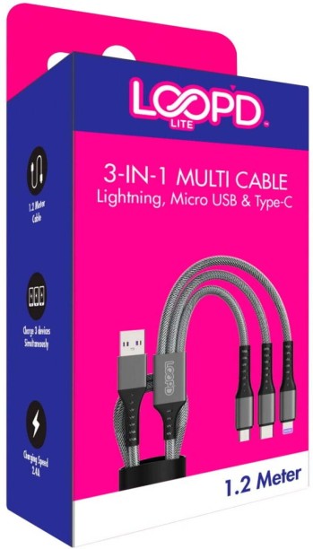 Loopd Lite 3 In 1 Multi Cable Quick Charge 3 A Mobile Charger with Detachable Cable