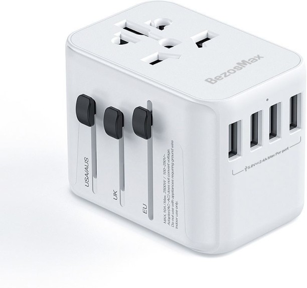 BezosMax Universal Travel Adapter Charger with 4 USB Ports for USA EU UK AU, All-in-One International Power Adapter with Safety Shutter Adaptive Charging 5 A Multiport Mobile Charger with Detachable Cable