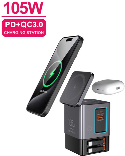 happyfun Charger 105W Dual Retractable Cord Multi-port Desktop Charger 2-in-1 Multiport Smartwatch Charger with Detachable Cable