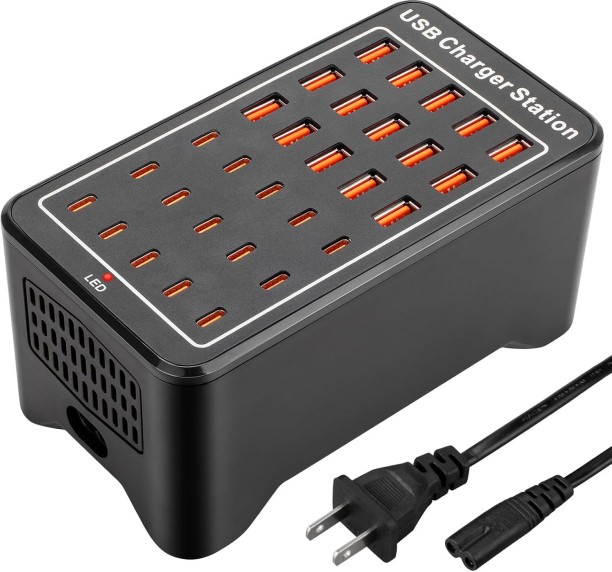 RAR 30-port charging block, 150w (15 USB A and 15 USB~C ports), multi-USB charging station, desktop USB wall charger compatible with iPhone, iPad, tablet, smartphone Quick Charge 3 A Multiport Battery Charger with Detachable Cable