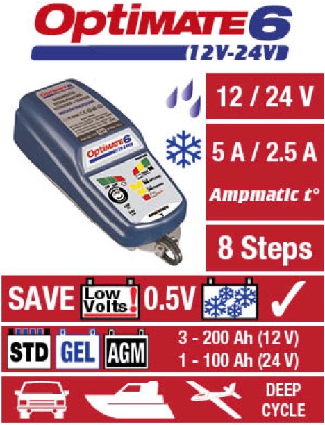 Optimate 6 12/24V Battery Charger Adaptive Charging 6 A E-bike Charger with Detachable Cable