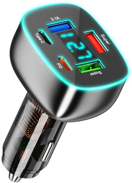 BezosMax 100W Fast Car Charger 5-Port Output for Android IOS, PD Type-C Cigarette Lighter Adapter QC 3.0 with Voltage Display, Professional USB Charging Station 12V-24V for Laptop Tablet Truck RV Qualcomm 3.0 15 A Mobile Charger with Detachable Cable