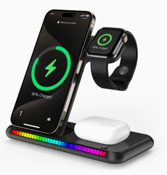spark Wireless Charger Three-in-one Wireless Charger 15W Fast Charging Desktop Folding Wireless Charging Multiport Smartwatch Charger with Detachable Cable