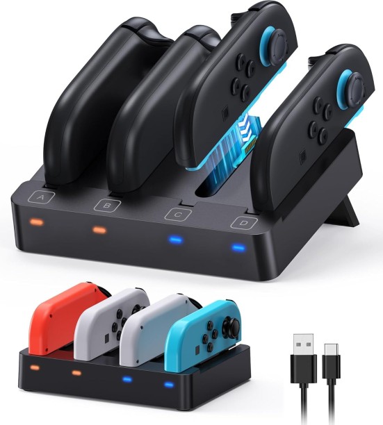 RAR Controller Charging Dock for Nintendo Switch 2 & Original Switch JoyCon, Horizontal Charger for Joy Con 2&1 with LED Indicator, Fast Charging Stand Accessories Quick Charge 1 A Multiport Toys Charger with Detachable Cable
