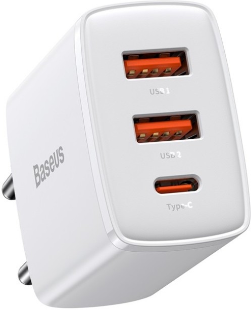 Baseus Compact Quick Charger 2U+C 30W - White Multiport Mobile Charger with Detachable Cable