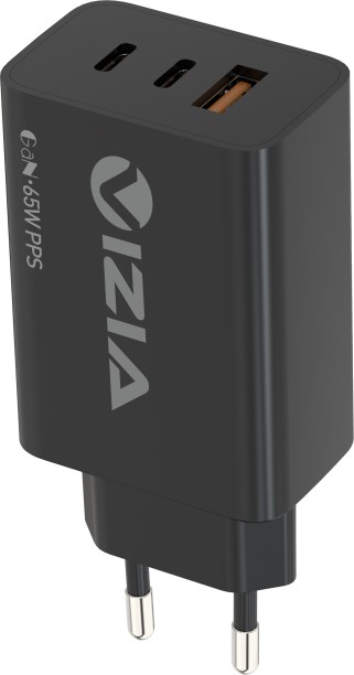 Vizia 65W Dual USB-C and USB-A Ports with 2m Data cable GaN 2 A Multiport Mobile Charger with Detachable Cable