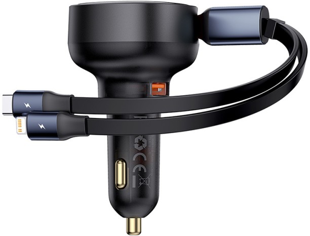 Baseus Enjoyment Pro Car Charger U+Retractable C & iP Cable 60W - Cluster Black Multiport Mobile Charger