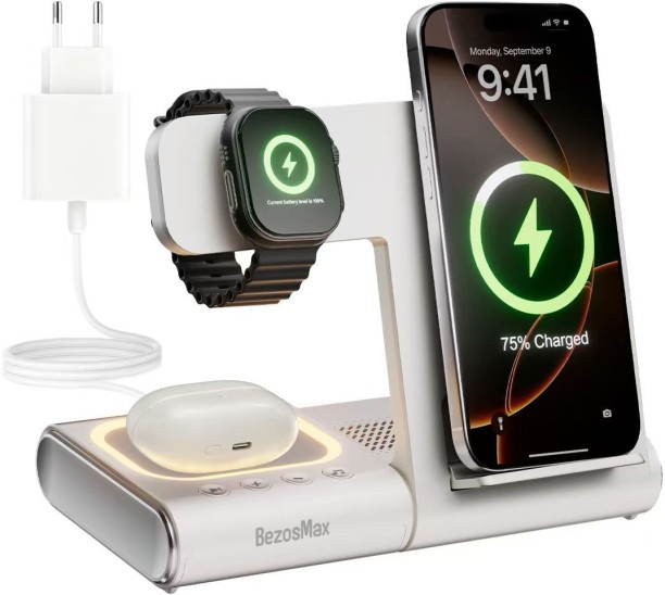 BezosMax 3 in 1 Wireless Charging Station with Bluetooth Speaker, 15W Fast Charger with Night Light for iPhone iWatch AirPods Adaptive Charging Mobile Charger with Detachable Cable