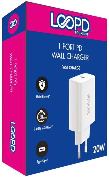 Loopd 1 Port Pd Wall Fast Charger 20W Adaptive Charging Multiport Mobile Charger