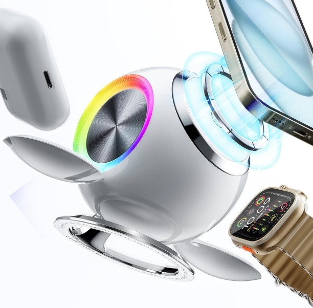 Fantasy Town 3-in-1 MagSafe Charger 30W - RGB Light for iPhone Apple Watch AirPods Quick Charge 3 A Multiport Smartwatch Charger with Detachable Cable