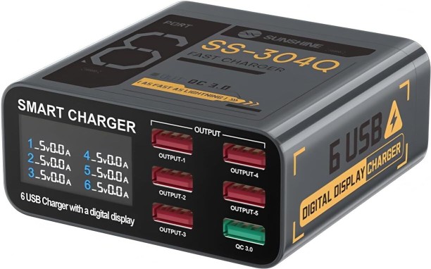 RAR SUNSHINE SS-304Q 6-port USB Digital Display Fast Charging QC3.0 fast Charging Compatible with Multiple Devices Quick Charge iPod Charger