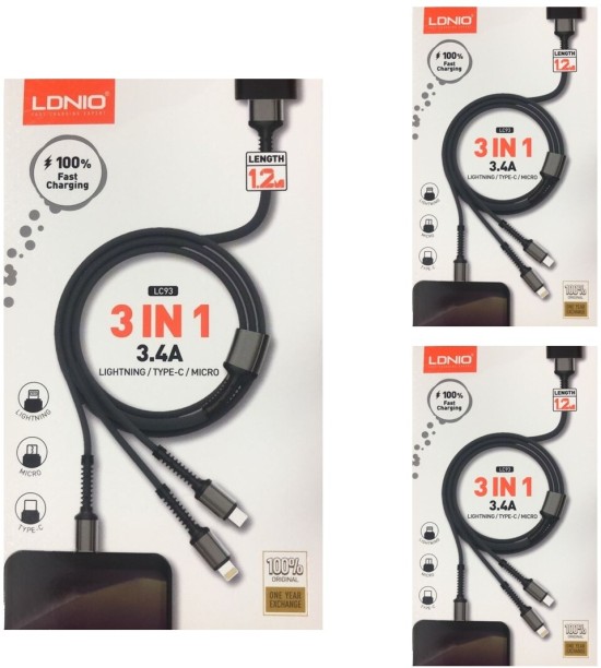 LDNIO Pack of 3 x Cable - charging 3 in 1 -LC93 3.4a 1.2m 3.4 A Mobile Charger with Detachable Cable