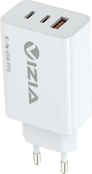 Vizia 65W Dual USB-C and USB-A Ports with 2m Data cable GaN 2 A Multiport Mobile Charger with Detachable Cable