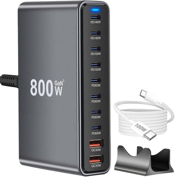 Spark 800W USB C Fast Charger Block, 10 Port USB Charging Station, GaN 140W PD 1 A Mobile Charger
