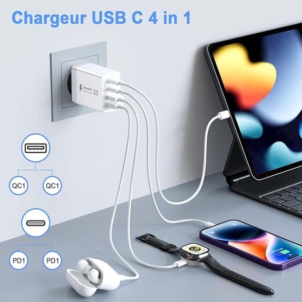TREQA Smart 5.8A 4 Port Charger With Micro USB 1m Cable Supercharge 1 A Multiport Mobile Charger with Detachable Cable