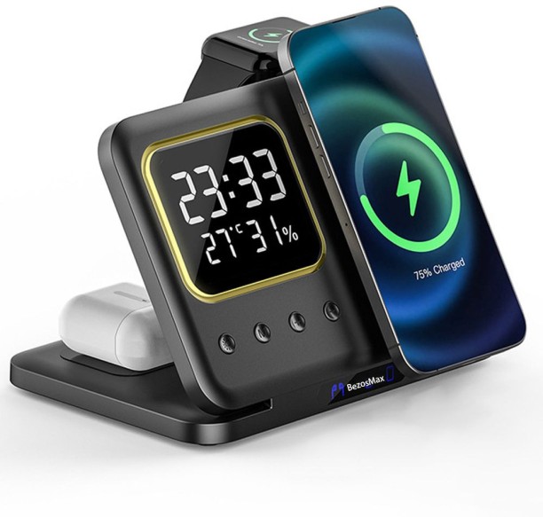 BezosMax 5 in 1 Wireless Charging Station for iPhone Apple Watch AirPods, Foldable Travel Fast Charger Stand with Digital Clock, Real-Time Temperature Humidity Display, 3 Level Dimmable Night Light Adaptive Charging 15 A Mobile Charger with Detachable Cable