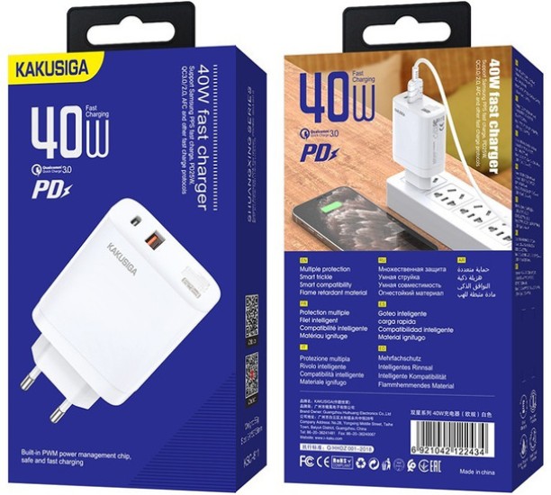 Kakusiga 40 Watt USB and USB-C charger PD 2.4 A Multiport Mobile Charger with Detachable Cable