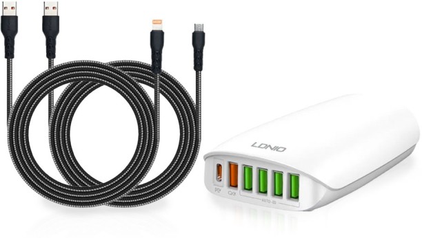 MYNE LDNIO 6 Port 65W Fast Charger PU QC3.0 & 1M 5A Type C + Lightning Cable Multiport Mobile Charger with Detachable Cable