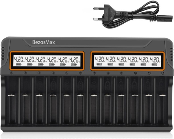 BezosMax 12 Bay Intelligent Battery Charger with LCD Display, Universal AA AAA Battery Charger for Rechargeable Batteries 12 A Battery Charger