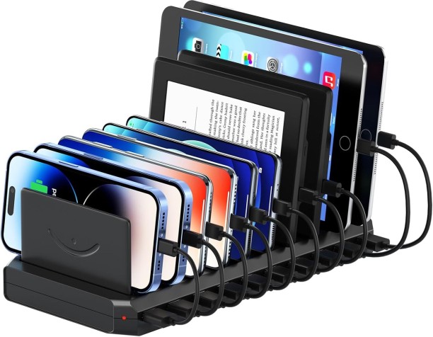 RAR USB Charging Station for Multiple Devices, 10 Port 60W Multiple USB Charger Station with Adjustable Dividers, Fast Charging Station Hub for Hotels, Shops, Schools, Shopping Malls and Travel Quick Charge Multiport iPod Charger