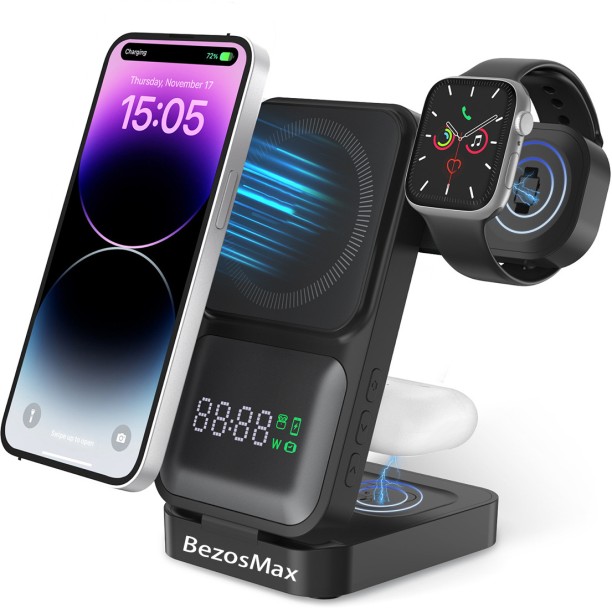 BezosMax 15W Fast Magnetic Wireless Charging Station for iPhone iWatch AirPods, Foldable Multi Angle Charger Stand with Battery Display for Home Office Travel Quick Charge 5 A Multiport Mobile Charger with Detachable Cable