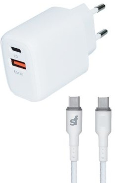Superfly PD Wall Charger with Type C to Type C Cable - White 5 A Multiport Mobile Charger with Detachable Cable